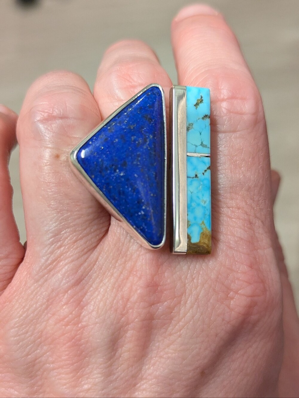 Turquoise and Lapis Lazuli Inlay Sterling Silver Statement Ring